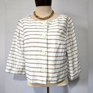 Louben Linen White and Brown Button-Up Cropped Jacket. Size 12